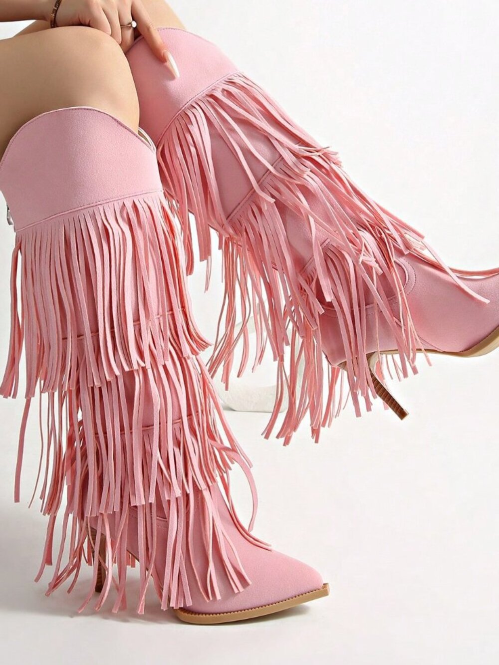 Pink Ruched Sexy Women's Pointed Toe Thin-Heel Knee-High Boots